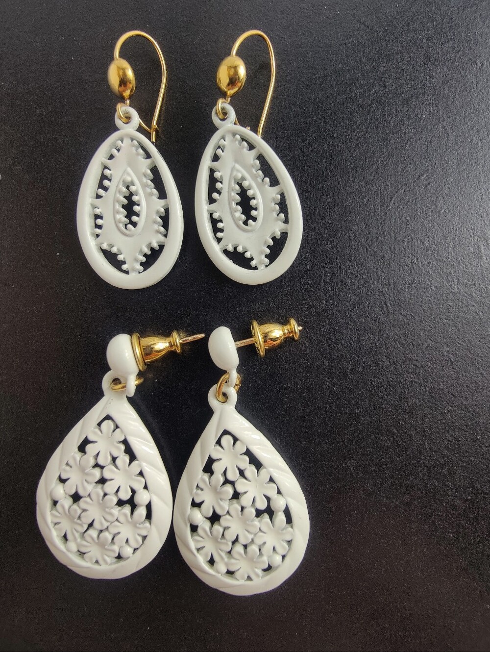 Vintage Monet Earrings Lot 2 Pairs White Enamel Gold Tone Openwork Floral Dangle